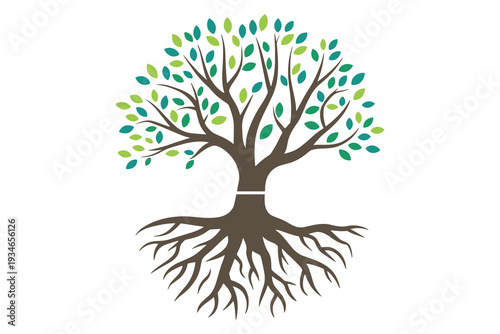 Stylized tree with colorful leaves and extensive root system on white background Keywords: tree, roots, leaves, green, blue