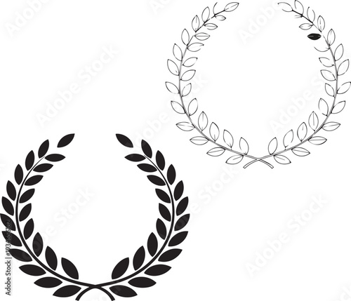 Two black laurel wreaths with leaves and stems on a white background