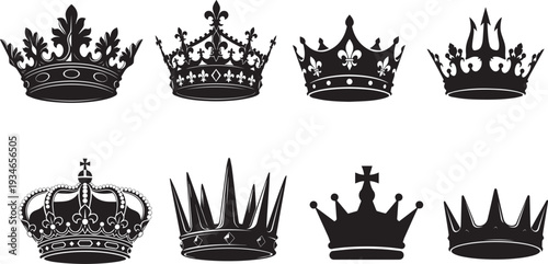Collection of ornate black crowns and tiaras on a white background