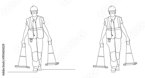 Monoline illustration of a construction worker carrying a traffic cone. Ideal for construction companies, safety training materials, industrial business presentations, etc.