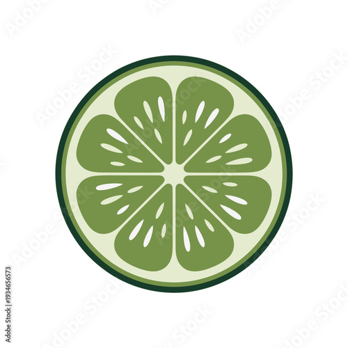 Cross section of a fresh green lime fruit displays segmented pulp and seeds in a simple graphic.