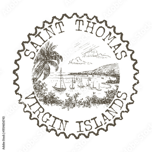 Vintage Saint Thomas USVI badge featuring turquoise bays and sailing yachts in the caribbean.