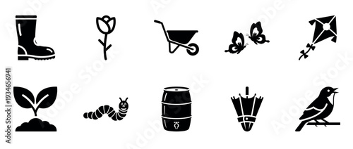 Garden activity icons showing tools wildlife seedlings and play