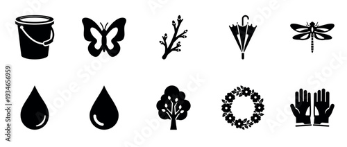 Garden tools and nature symbols arranged on white background