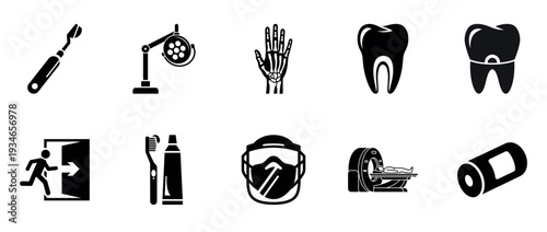 Dental and surgical icons showing tools and equipment on white