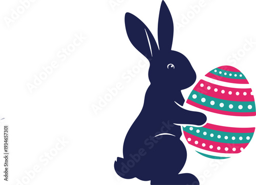 A cute cartoon pink Easter bunny character with long ears happily holding a colorful egg in a fun spring vector illustration design