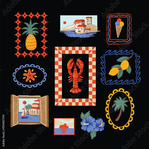 Mediterranean frames elements with lobster lemons coastal summer illustration design