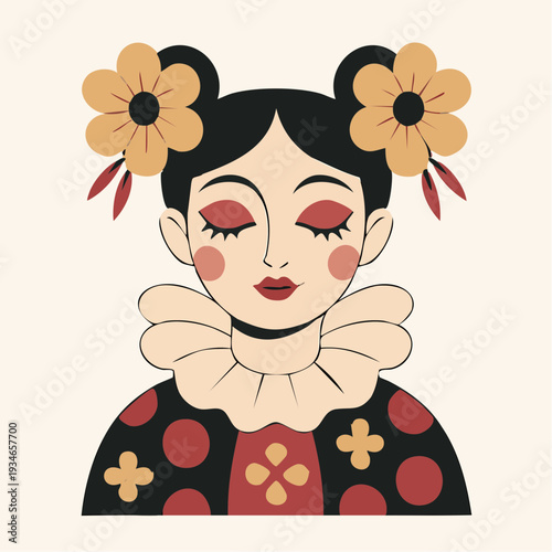 ornate floral‑crowned figure in serene symmetry, blending vintage folk elegance with bold color, ritual beauty, and quiet emotional depth
