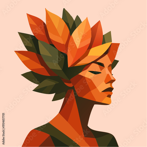 geometric profile crowned with autumn‑bright leaves, blending warm angular forms and nature’s palette into a modern, symbolic portrait