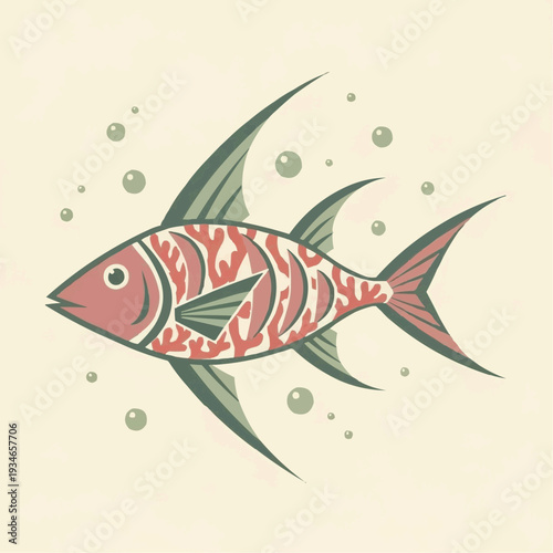 Colorful fish swimming among bubbles in a retro style  
