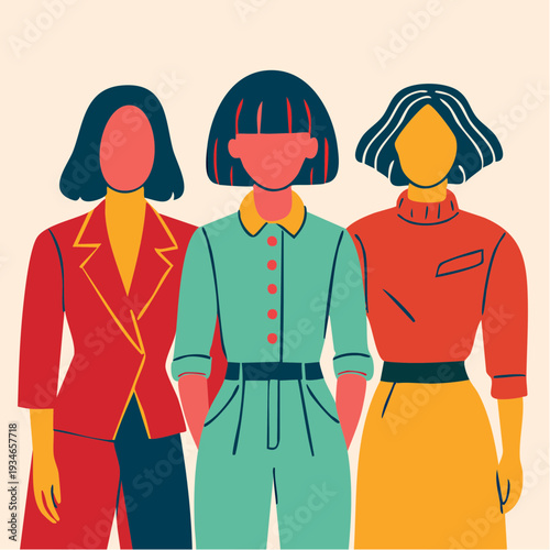 three bold faceless figures in vibrant color‑blocked fashion, celebrating individuality through modern minimalism and expressive silhouette design