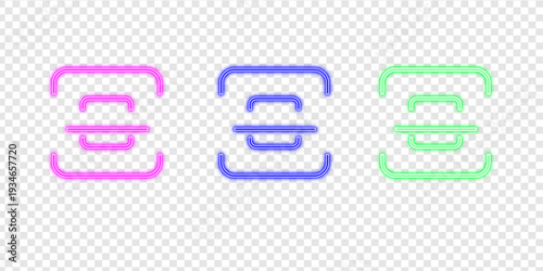 Neon Layered Menu Icons Set - UI/UX Design Elements with Glowing Effect on Transparent Background