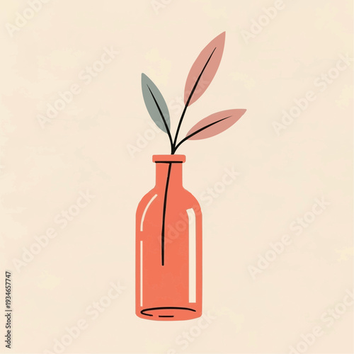 Glass bottle with leaves in minimalist style on soft background  