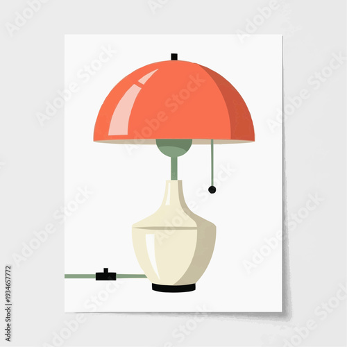 Modern table lamp with red shade and cream base on white background  