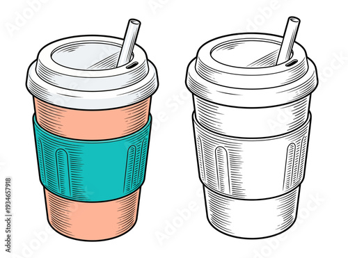 Two disposable coffee cups with straws and sleeves, one colored and one monochrome, on a clean background