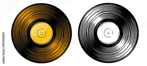 Rotating vinyl records with contrasting colors side by side on white studio surface, music focus captured from frontal viewpoint