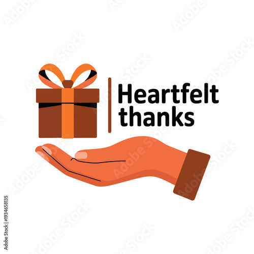 Hand carefully presents a small wrapped gift box tied with an orange bow next to heartfelt thanks.