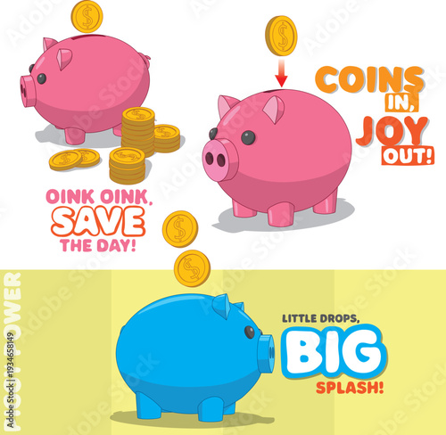 A cheerful, cartoon-style layout designs celebrating the joy of saving money with piggy banks.