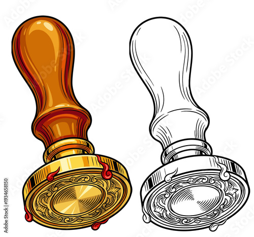 Frontal view of side-by-side ornate wax seals, colored gold-brown and monochrome versions, illustrated with patterns on white background