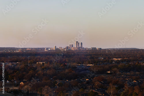 Downtown Tulsa, oklahoma Skyline, green country during late fall/ winter sunset