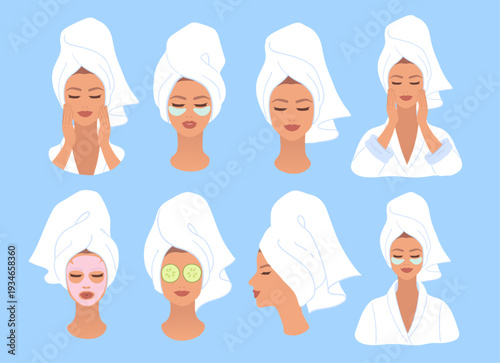 Vector illustration of woman skincare routine set. Flat design beauty collection isolated