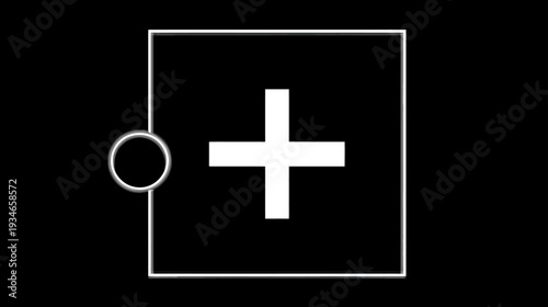 Minimalist white plus sign icon in a square outline with a connecting circle on a black background, UI element, addition symbol graphic