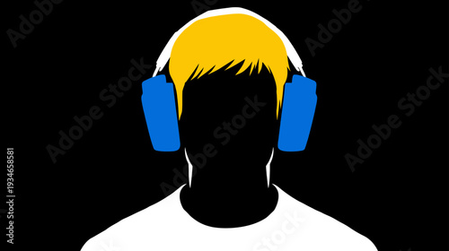 Stylish silhouette of a young person with bright yellow hair wearing blue over-ear headphones, enjoying audio on a black background.