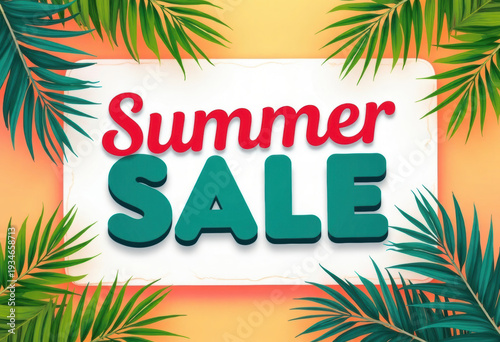 Summer sale banner with bold colors and palm leaves