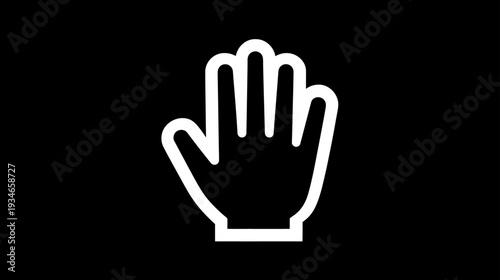 White outline of an open human hand with fingers spread on a black background, representing stop, high five, or a warning gesture icon.