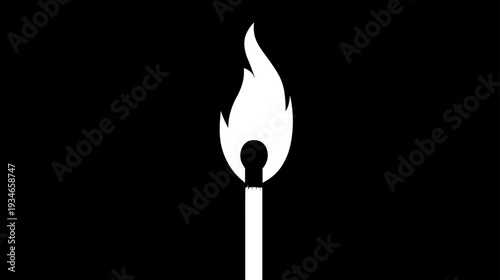 Minimalist white illustration of a lit matchstick with a bright flame against a solid black background, concept of ignition.