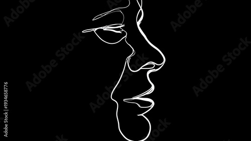 Elegant Continuous Line Art Drawing of a Human Face Profile. Abstract Minimalist Black and White Illustration.