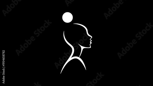 Elegant minimalist silhouette of a thoughtful woman's profile with an abstract idea or enlightenment symbol on a dark background