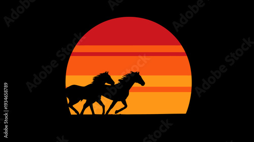 Two wild horses silhouetted against a vibrant striped sunset or sunrise. Retro graphic design of running equines in a desert landscape.