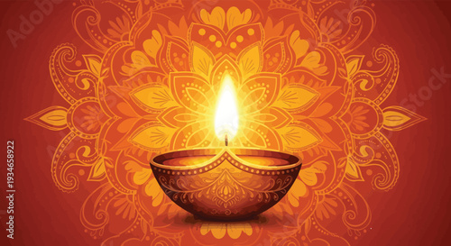 Traditional Indian oil lamp Diya with decorative golden mandala background, vector illustration for Chaitra Navratri, Diwali and Ram Navami festival.