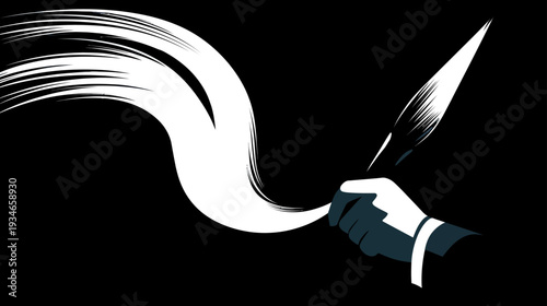 Elegant hand holding a classic quill pen, creating a flowing white ink stroke on a black background. Traditional writing and creativity.