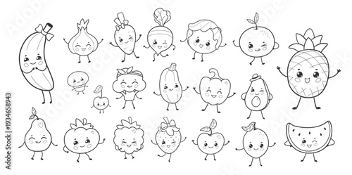 Vector illustration of cute fruits and vegetables with smiling faces. Black and white coloring page set isolated