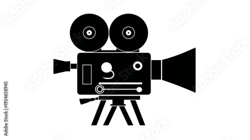 Vintage film camera icon silhouette on tripod, black and white cinema projector symbol, retro movie production equipment illustration