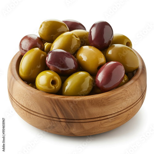 Mixed Green and Kalamata Olives in Wooden Bowl Product Shot, Isolated on White