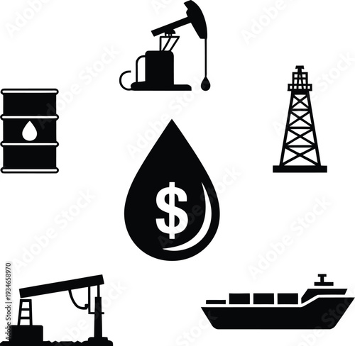Oil industry vector illustration with barrel pump jack rig cargo ship dollar drop extraction storage economy distribution energy resources
