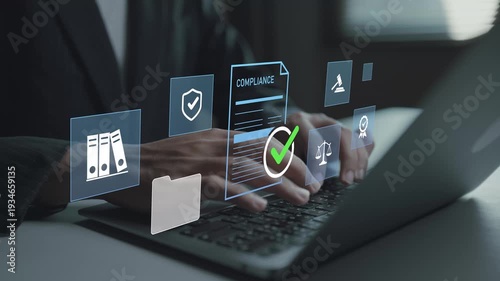 Compliance and document management concept. Person using laptop with compliance and file icons, regulatory control, document organization and business governance.