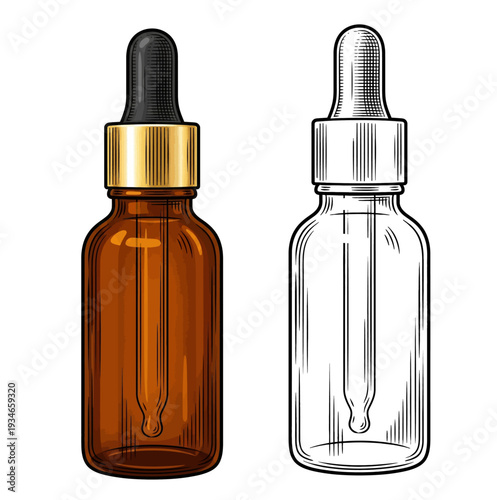 Contrast Between Amber Bottle with Dropper Lid and Empty Bottle Featuring Silver Dropper – Closeup Photo
