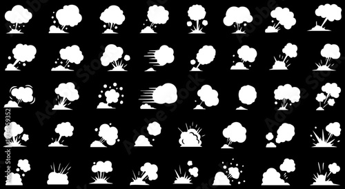 Comic energy explosion. Doodle vector smoke set special effects template. Cartoon steam clouds, puff, mist, fog, vapour, energy or dust explosion 2D VFX illustration. Print, menu and web design