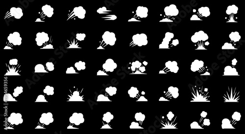 Comic energy explosion. Doodle vector smoke set special effects template. Cartoon steam clouds, puff, mist, fog, vapour, energy or dust explosion 2D VFX illustration. Print, menu and web design