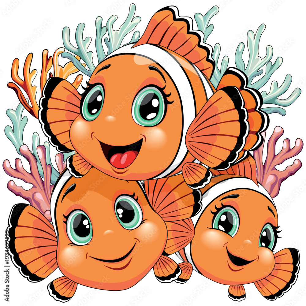 Naklejka premium Clown Fish Cute and Joyful Cartoon Characters group of three swimming on Coral Reef Background Vector Illustration 
