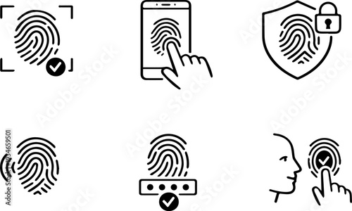 Fingerprint biometric security authentication line icons. Vector