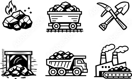 Mining industry coal extraction line icons
