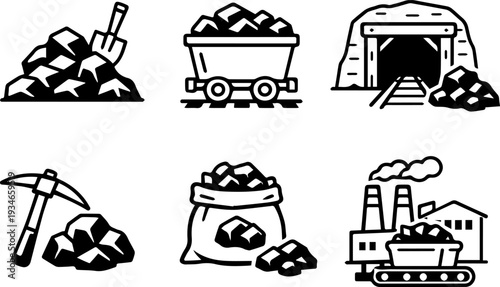 Mining industry coal extraction line icons