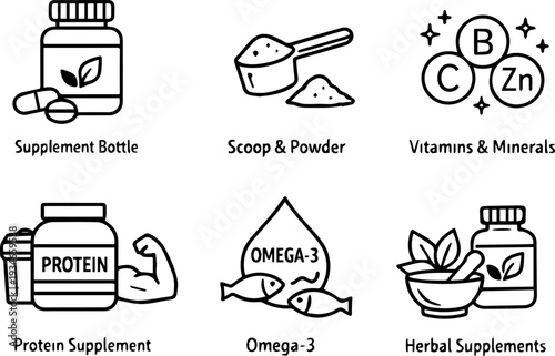 Dietary supplements nutrition fitness health icons