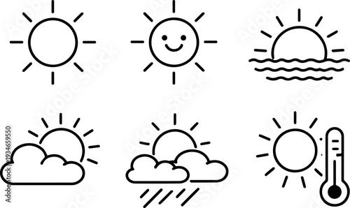 Sun weather forecast climate line icons
