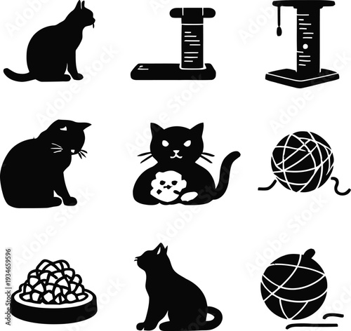 Cat vector illustration with sitting cats scratching posts yarn ball food bowl playful domestic pets toys behavior lifestyle charm